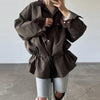 Retro Drew-string Jackets Women's Loose Full Sleeves Buttons Zipper Pockets Lapel Coats Ladies Autumn Solid Outwear