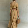 Women's Solid Holiday Party Dress Elegant Lapel Button Draped Long Dress Casual Long Sleeve Match With Belt Shirt Dress