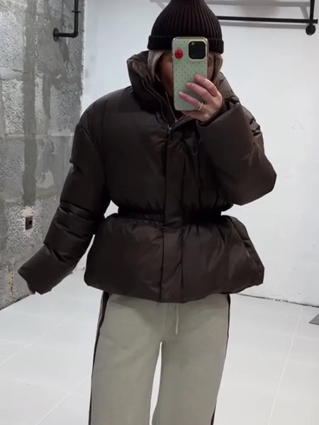 Glossy Stand‑Collar Drawstring Waist Back Zip‑Up Puffer Coat Winter Women Warm Padded Jacket Lady Cotton‑Padded Coat