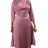 Elegant Office Dress Pleated for Women Professional Round Neck Full Sleeve Belt Waisted Mid Calf Formal Business Work Dress