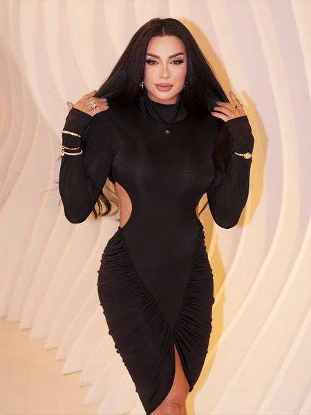 Elegant Hollow Dress Women Turtleneck Ruched Patchwork Full Sleeve Irregular Hem Skinny Stretch Party Club Bodycon