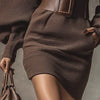 Fall Winter Solid Color Knit Sweater Dress Woman Sexy Slash Neck Sashes Slim Mini Dress Retro Batwing Long Sleeve Pullover Dress