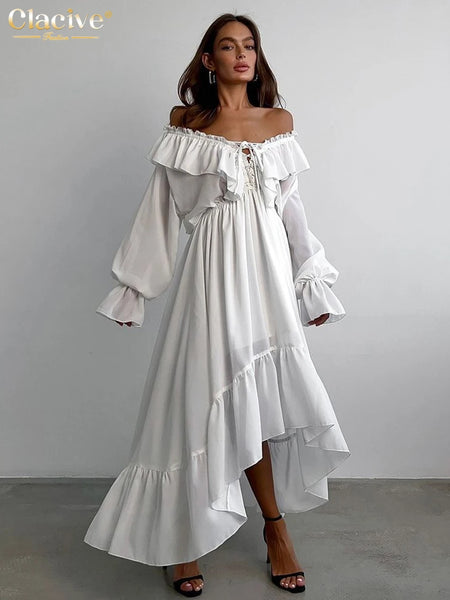 Sexy Loose White Women's Dress V-Neck Long Sleeve Ankle Length Dresses Elegant Classic Pleated Female Dress