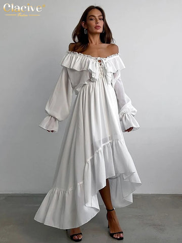 Sexy Loose White Women's Dress V-Neck Long Sleeve Ankle Length Dresses Elegant Classic Pleated Female Dress