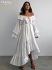 Sexy Loose White Women's Dress V-Neck Long Sleeve Ankle Length Dresses Elegant Classic Pleated Female Dress