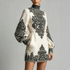 Women High Neck Print Mini Dress Long Lantern Sleeve Loose Tunic A-Line Dress Spring Fall Elegant Date Night Evening Short Dress
