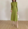 Autumn Winter Slim Long Sleeve Party Midi Dress for Women Knitted Half High Collar Elegant Knitted Sweater Dresses Ladies
