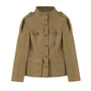 Women Khaki Cargo Two‑Piece Outfit Stand Collar Gold Button Slim Jacket High Waist Shorts Autumn Vintage Street Matching Set