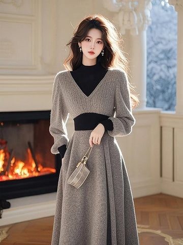 Women's Clothing Winter Feeling Beautiful Waist Cinched Gray High Neck Knitted Sweater Dress Women