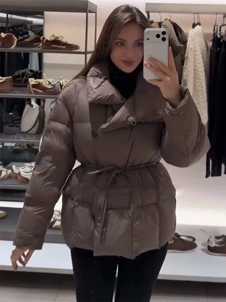 Buttoned Tie-Waist Stand Collar Puffer Jacket Solid Long Sleeve Winter Cozy Warm Women Outerwear Chic Casual Lady Coat
