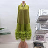 Spring Pleated Women's Dress Solid Color Mesh Patchwork Design Solid Color Casual Loose Lapel Button Clothing