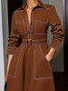 Krisstargirls Autumn Button Down Lapel Brown Shirt Maxi Dress Woman Spring Pockets Women A-line Long Dresses Belt