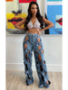 Women Vintage Cutout Hollow Out Criss Cross Straight Denim Pants High Waist Wide Leg Jeans Trousers