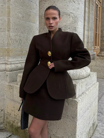 Solid Mini Skirt Set For Women Spring Long Sleeve Waist Jacket Hip Package Skirt 2 Piece Sets Lady Chic Suits
