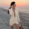 Deep V-Neck Shoulder Pads Gathered Dress Women Sexy Hip Wrap Slim Cross Dress Female Daily Dating Party Dress