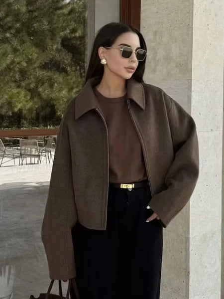 Brown Zipper Woolen Jacket For Women Elegant Lapel Long Sleeve Short Coats Vintage Autumn Lady Street Outerwear