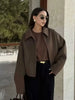 Brown Zipper Woolen Jacket For Women Elegant Lapel Long Sleeve Short Coats Vintage Autumn Lady Street Outerwear