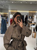 Women Short Trench Coat Jacket Plaid Lapel Double Breasted Belted Waist Loose Long Sleeve Checkered Cropped Lady Autumn Coat