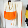 High Street Designer Runway Suit Set Women's Single Button Color Block Blazer Flare Pants Suit
