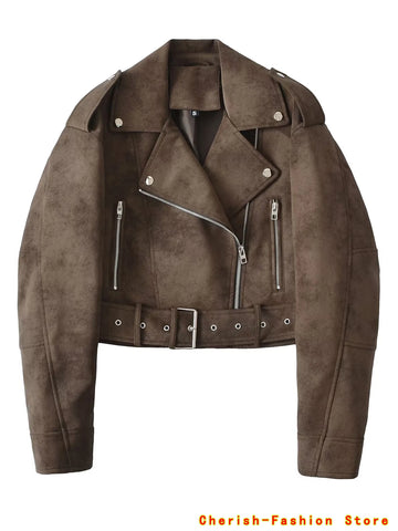 Spring Women's Brown Suede Short Jacket Loose Lapel Zipper Long Sleeve Motorcycle Coat Female Lady High Street Outwear