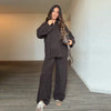 Brown V-Neck Knit Shirt Pants Set Women Solid Long Sleeve Top Empire Straight Loose Trousers Lady Spring Suit