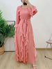 Ruffles Pleated Dress Women Round Neck Flare Sleeves Solid Maxi Belt Dresses Party Spring 2AA1502