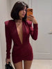 Sexy Burgundy Deep V-neck Mini Dress Women Elegant Full Sleeve Shoulder Pads Pleated Slim Short Dresses Lady Evening Party Gowns