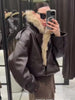 Ladies Winter Retro Fur Collar Leather Jacket V‑Neck Full Lapel Long Sleeve Double Breasted Urban Warm Casual Outer