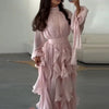 Women's Party Dresses High Waist Pleat Lady Casual High Collar Layered Banquet Dress Elegant Long Sleeve Evening Dress