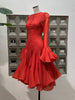Women's Irregular Pleated Patchwork Long Flare Sleeve Waist Cinching Midi Dresses Female Clothing