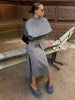 Light Blue Cape 3 Piece Outfit Women Solid Slim Blouse Asymmetrical Hem Midi Skirt Lady Formal Office Matching Set