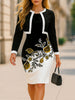 Women 2 Pieces Set Outfits Floral Print Office Lady Long Sleeve Cape Top and Pencil Dress Two Piece Suit Vestido