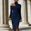 Sexy Turtleneck Off Shoulder Hollow Party Dresses Woman Spring Slid Ruched Slit Midi Dress Elegant Long Sleeve Office Lady Dress