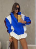 Contrasting Color Loose Jackets Women Casual Long Sleeves Stand Collar Zipper Oversized Coats Lady Autumn Daily Street Wear