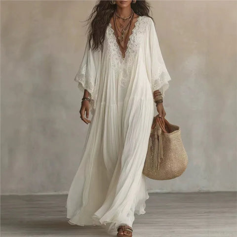 Vintage Solid Lace Maxi Dresses Women Boho Deep V Neck Wide Flared Sleeve Folds Loose Tiered Elegant Holiday Travel Dresses