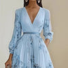 Women's Pleated Dress Spring Autumn Florat Printed Deep V-neck Long-sleeved Maxi Elegant Party Dresses For Women