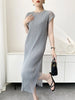 White Textured Pleated Women's Dress Raglan Sleeve Round Neck Side Slit Casual Formal Sheer Dresses Spring