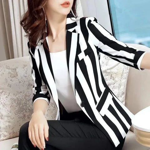 Striped Small Suit Jacket Women's Coat Top Spring Autumn Suits Slim Waist Short Top Women Blazer