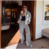 Women Color Block Spliced Ski Set Fleece Lined Stand Collar Zip Jacket Multi‑Pocket Wide Leg Trousers Winter Outfit