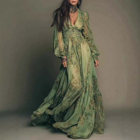 Women's Print Deep V Neck Long Lantern Sleeve High Waist Chiffon Maxi Dress Elegant Versatile Daily Casual Commuter Female Dress