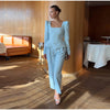 Elegant Woolen Top Pants Women Sets Chic Long Sleeve Slash Neck Pleated Blouse Straight Trousers Autumn Winter Lady Suit
