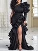 Plus Size One Shoulder Maxi Evening Dress Women Elegant Long Sleeve High Waist Tiered Ruffle Party Prom Wedding Guest Dresses