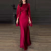 Vintage High Waisted Women Satin Long Dress Ladies Temperament Crew Collar Dresses Elegant Slim Long Sleeve Banquet Dresses