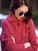 100% pure cashmere cardigan in autumn and winter women's Polo collar cashmere rose red coat knitted hooded sweater