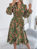 Elegant Floral Print Dresses for Women Autumn Winter Casual V Neck Flare Long Sleeve Ruffled A Line Dress