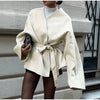 Elegant Fleece Women's Coat Solid V-neck Long Sleeve Belted Lace-Up Cardigan Jacket Autumn Winter Outerwear Female Tops