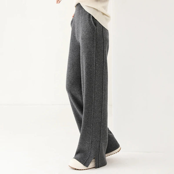 Women Wool Wide Leg Trousers Elastic Waist Side Slit Woman Wool Pants Autumn Winter 100% Merino Wool Knitted Soft Warm Trousers