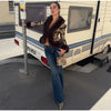 Printed Faux Fur Splicing Jacket Autumn Winter V-neck Slim Waist Cinched Full Sleeve Cropped Coat Women's Outwear