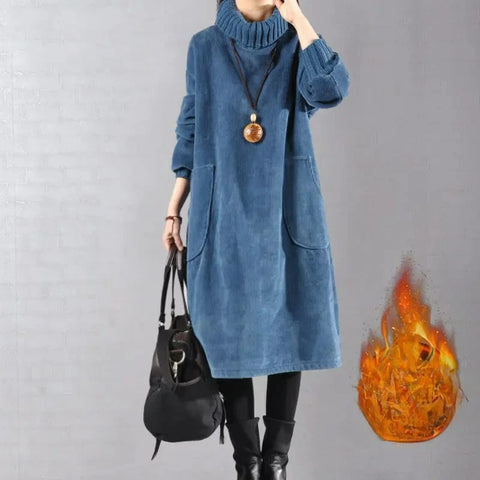 Women Autumn Winter Dress Retro Corduroy Vestidos Add Velvet High Neck Dress Mid-Length Loose Pullover Sweater Female
