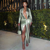 Sexy Gradient Color Irregular Ribbon Dresses Woman Deep V Long Sleeve Shirring Bodycon Dress Elegant Party Clubwear